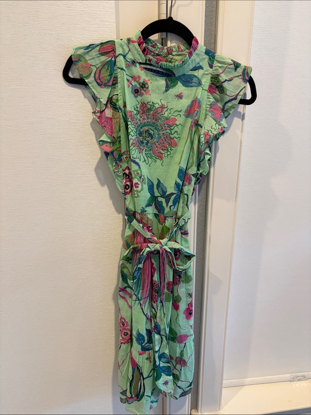 Banjanan Green Floral Ruffle Midi Dress with Pink & Blue Accents